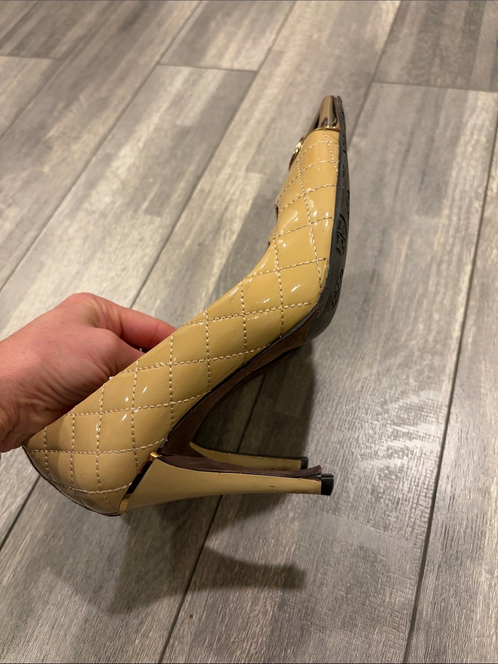 Tory Burch Quilted Yellow Leather Pointed Toe Pumps with Gold Cap - Picture 6 of 7